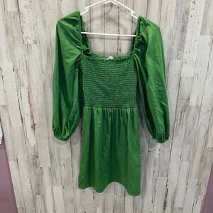 Reformation Kelly Green Greyson 100% Linen Smocked Puff Sleeve Mini Dress Small